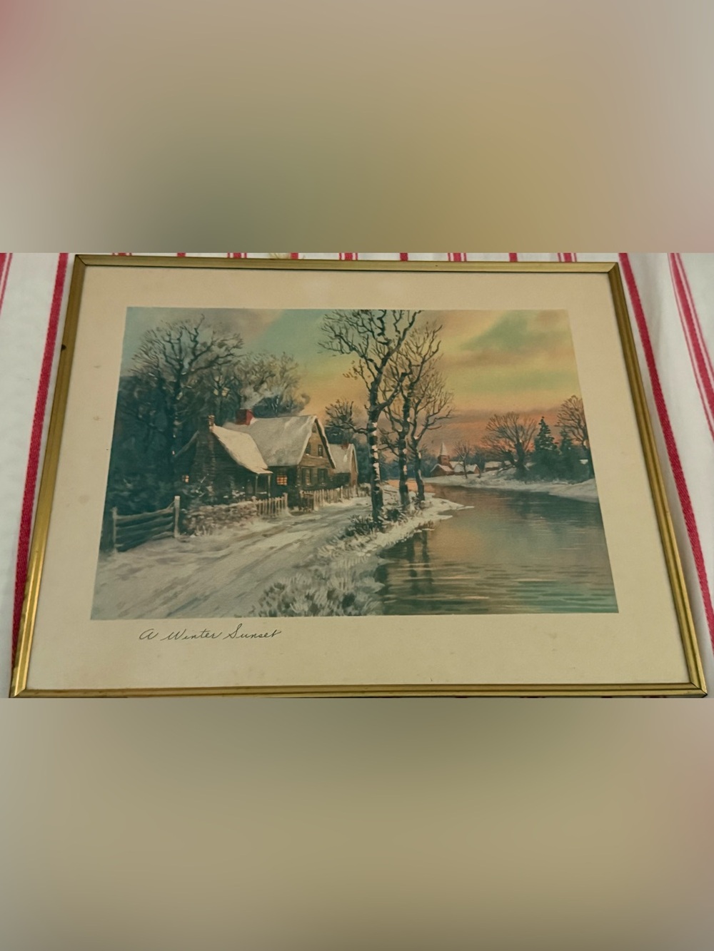 "A Winter Sunset" Matted & Framed Print Winter Landscape House River Snow